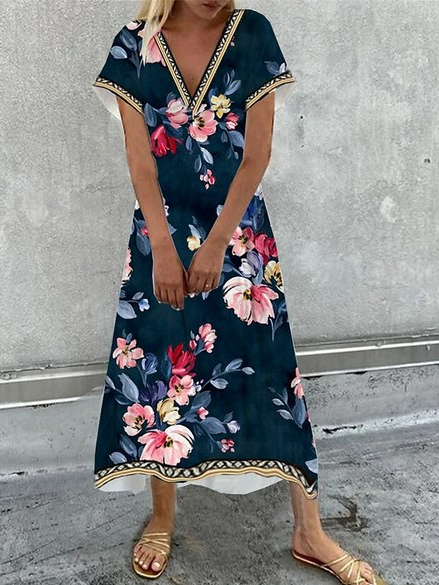 

V Neck Loose Vacation Dress, Blue, Dresses