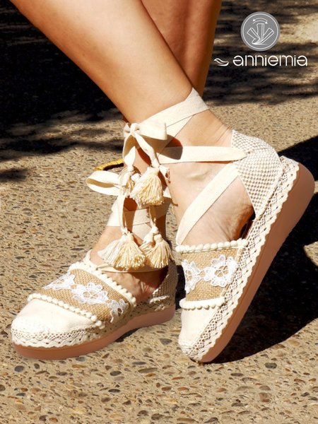 

Beige Romantic Lace Stitching Canvas Platform Shoes with Tassels, Khaki, Sandals