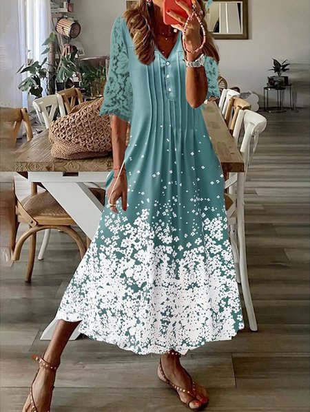 

Casual Knitted Floral V Neck Dress, Green, Dresses