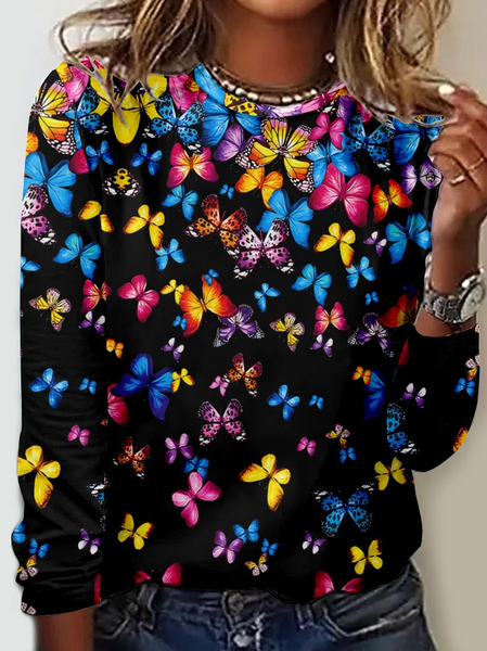 

Women's Butterfly Casual Crew Neck Shirt, As picture, Long sleeves