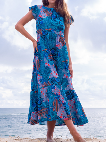 

Boho Floral Regular Fit Crew Neck Dress, Blue, Dresses