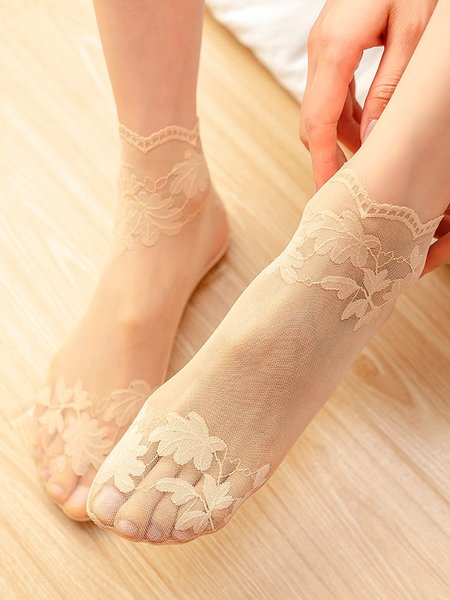 

Lace Mesh Floral Pattern Hollow Socks Crystal Socks Daily Casual Accessories, Nude, Socks