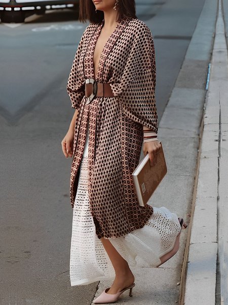 

Loose Urban Ethnic Geometry Print Kimono, Brown, Coats