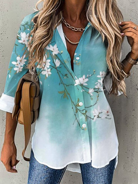 

Women's Floral Shirt Collar Simple Loose Blouse, Green, Blouses