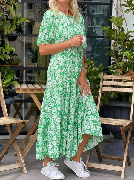 

Floral Crew Neck Casual Loose Dress, Green, Dresses