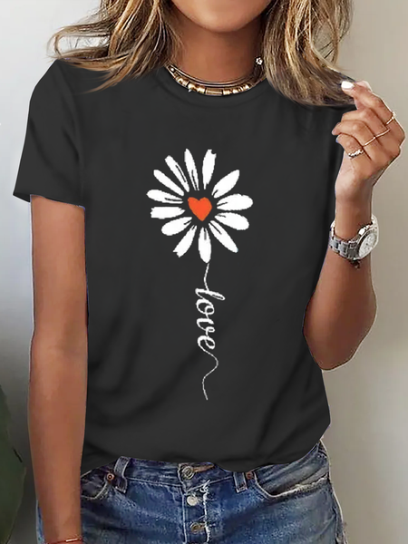 

Casual Knitted Floral Crew Neck T-Shirt, Black, T-Shirts