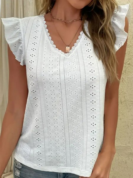 

Plain Elegant Ruffled Sleeves Loose V Neck Shirt, White, Shirts & Blouses