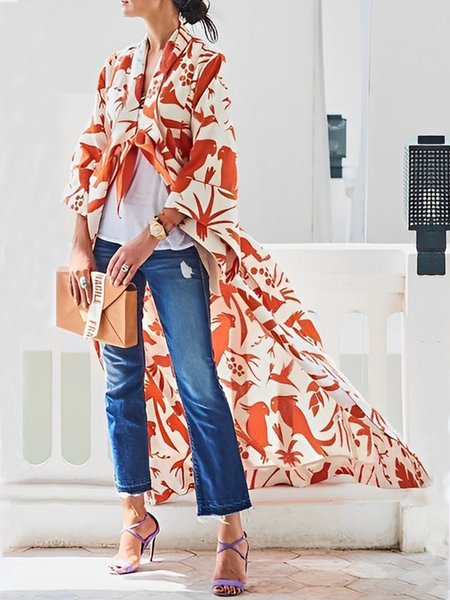 

V Neck Vacation Floral Print Loose Kimono, Orange, Coats