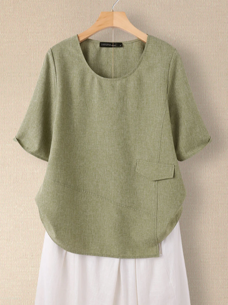 

Loose Cotton-Blend Plain Casual Blouse, Green, Tunics