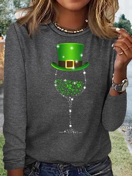 

Women‘s Wine St Patricks Day Glasses Crew Neck Casual Shirt, Gray, Long sleeves