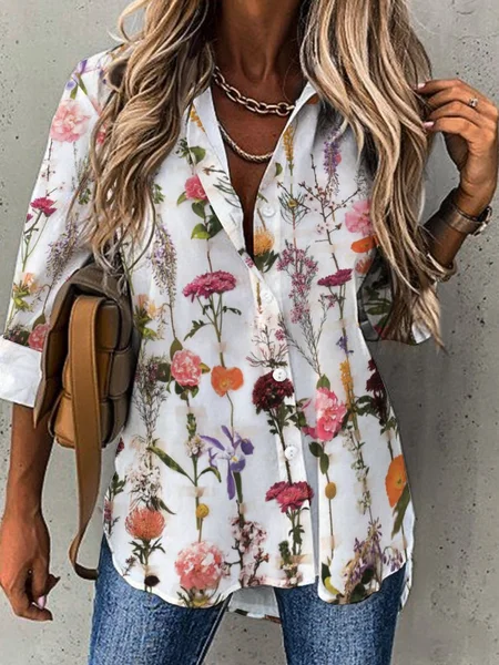 

Women's Loose Shirt Collar Simple Floral Blouse, As picture, Blouses