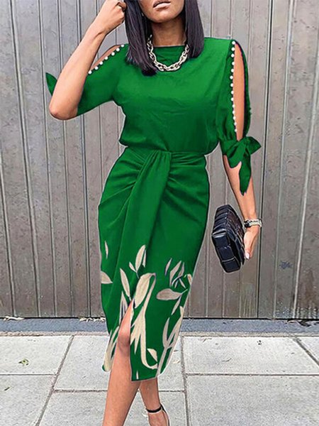 

Elegant Floral Print Crew Neck Ruched Regular Fit Dress, Green, Midi Dresses