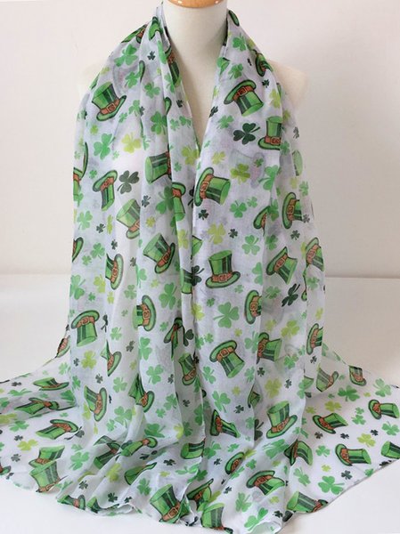 

St. Patrick Clover Hat Pattern Silk Scarf Holiday Party Accessories, Green, Women Scarves & Shawls
