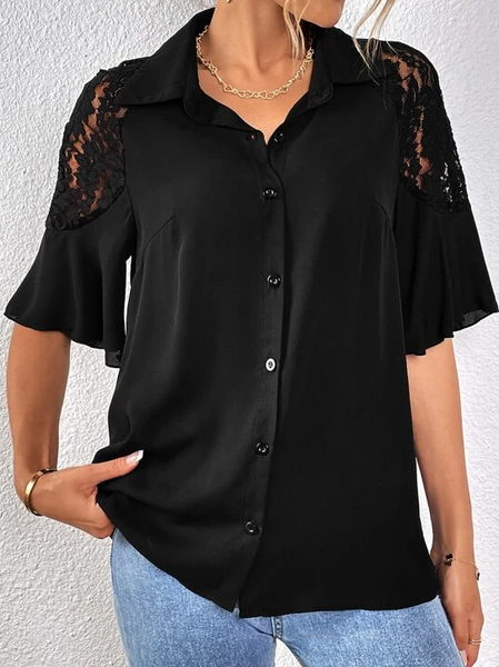 

Casual Lace Loose Plain Blouse, Black, Shirts & Blouses