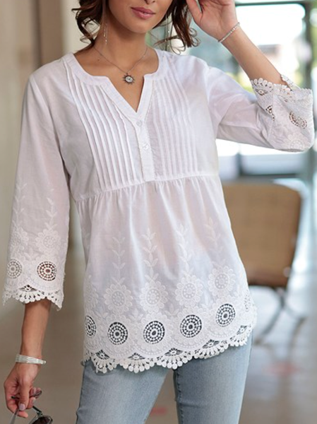 

Casual Plain Loose Lace Blouse, White, Shirts & Blouses