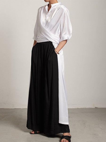 

Simple Urban Plain Loose Half Sleeve Split Blouse, White, Blouses and Shirts