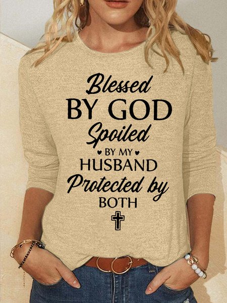 

Women's Blessed By God Letter Print Crew Neck Casual Shirt, Khaki, Long sleeves