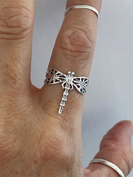 

Ethnic Wind Dragonfly Pattern Hollow Open Ring Vintage Holiday Jewelry, Silver, Rings