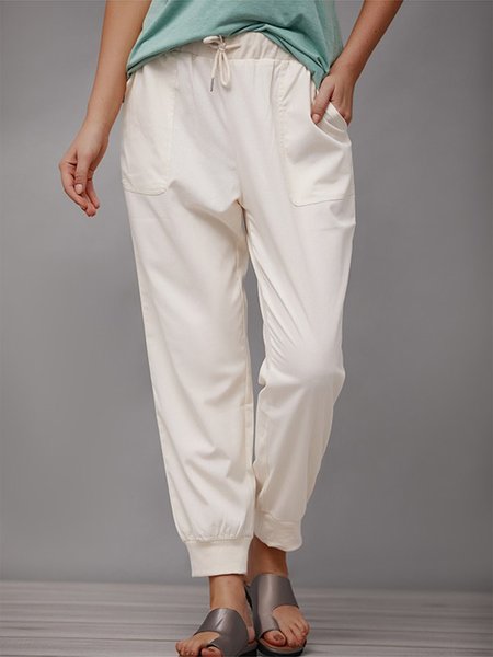 Plain Drawstring Loose Casual Pants, Beige, Pants