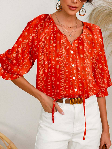 

V Neck Ethnic Vacation Blouse, Red, Shirts & Blouses