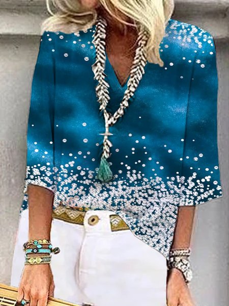

V Neck Loose Vacation Ombre Shirt, Dark blue, Shirts & Blouses