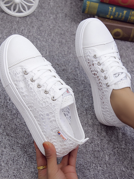 

Lace Floral Casual Lace-Up Canvas Shoes, White, Sneakers