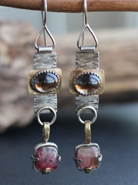 

Ethnic Natural Crystal Geometric Pattern Distressed Dangle Earrings Vintage Jewelry, Silver, Earrings