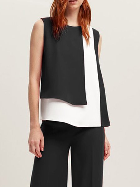 

Crew Neck Urban Loose Sleeveless Blouse, Black-white, Blouses and Shirts