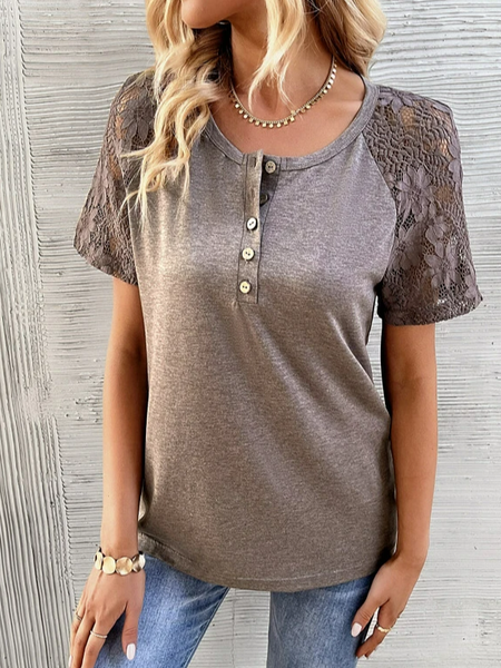 

Plain Lace Loose Casual Shirt, Gray-brown, Shirts & Blouses
