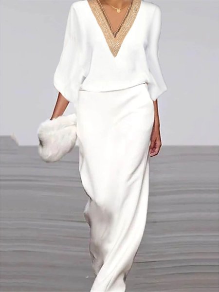 

Urban Loose Plain V Neck Dress, White, Formal Dresses