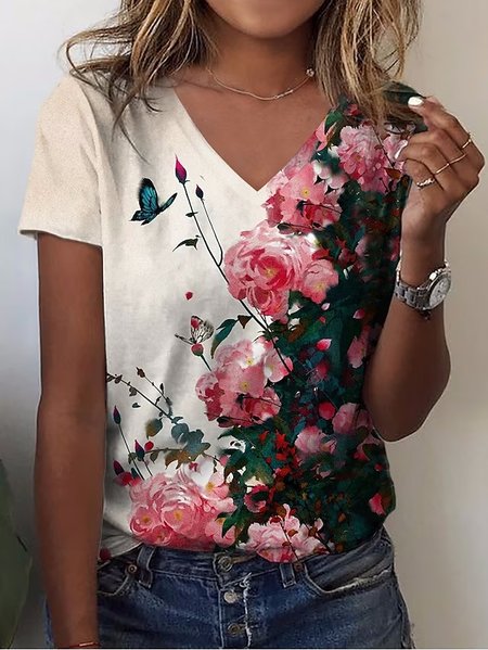 

Loose Floral Casual V Neck T-Shirt, Multicolor, T-Shirts