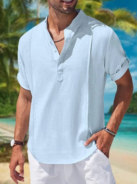 Cotton Plain Short Sleeve Casual Shirt, Blue, Men Shirts