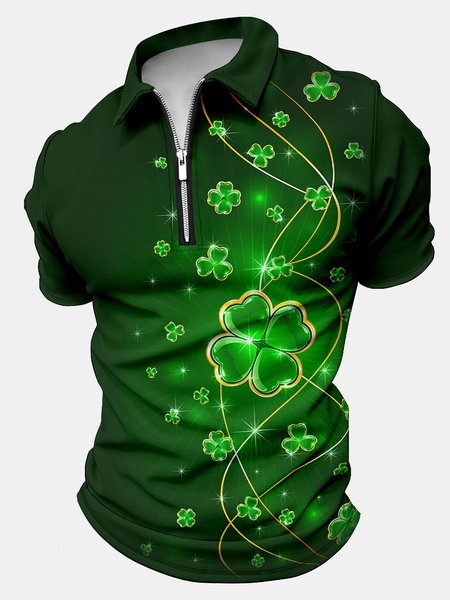 

Men's St. Patrick's Day Printing Casual Regular Fit Four-Leaf Clover Polo Collar Polo Shirt, As picture, T-shirts