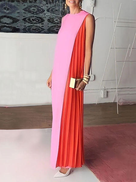

Loose Color Block Crew Neck Sleeveless Elegant Long Dress, Pink, Maxi Dresses