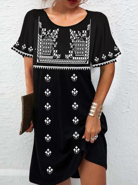 

Ethnic Crew Neck Ethnic Loose Dress, Black, Formal Dresses