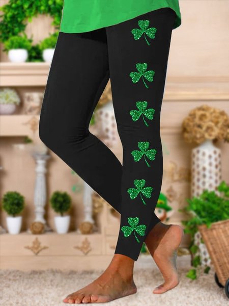 

Women's St. Patrick's Day Glitter Lucky Shamrock Print Casual Leggings, Green, Leggings