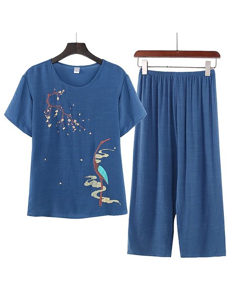 

Floral Crew Neck Cotton-Blend Casual Two-Piece Set, Blue, Suits