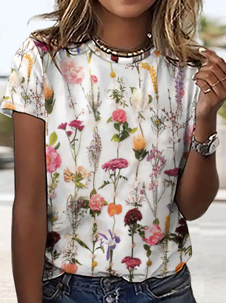 

Women's Simple Loose Crew Neck Floral T-Shirt, White, T-shirts