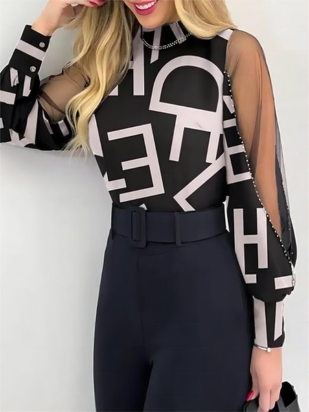 

Elegant Stand Collar Long sleeve Regular Fit Blouse, As picture, Blouses and Shirts