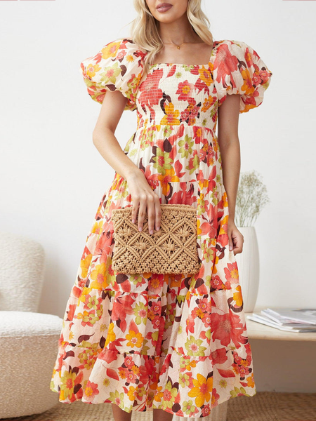 

Floral Elegant Square Neck Regular Fit Dress, Flower, Midi Dresses