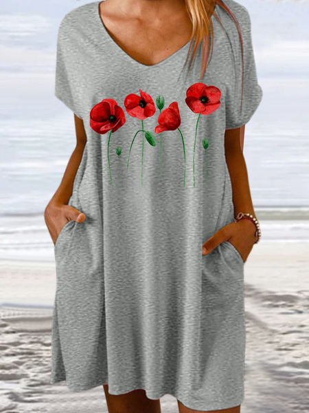 

Women's Loose Floral V Neck Casual Dress, Gray, Dresses