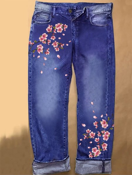 

Women's flower Casual Denim Jeans, Blue, Jeans