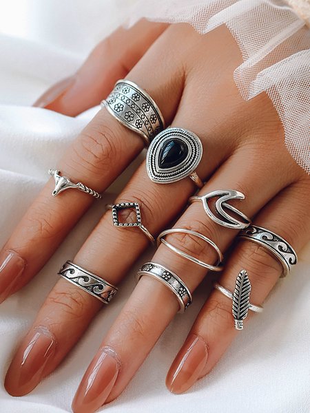 

10Pcs Boho Style Silver Feather Floral Pattern Ring Set Beach Vacation Daily Jewelry, Rings