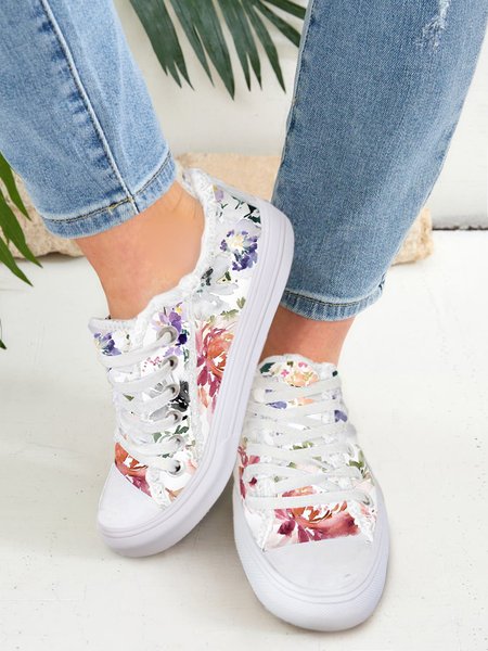 

Ink Floral Casual Lace-Up Canvas Shoes, As picture, Sneakers