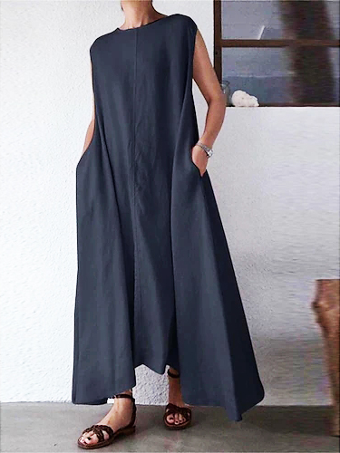 

Crew Neck Plain Loose Casual Dress, Navyblue, Maxi Dresses