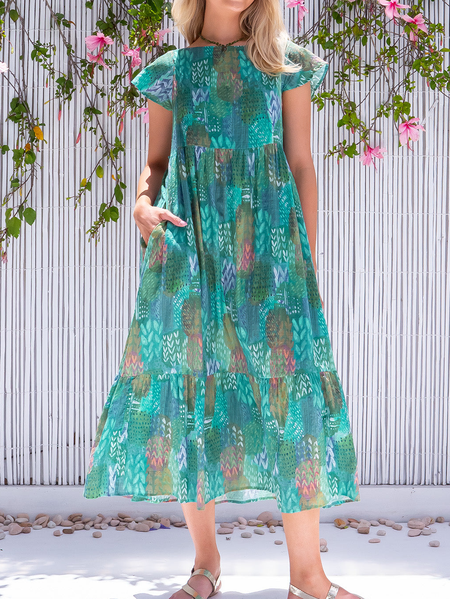 

Floral Crew Neck Regular Fit Boho Dress, Green, Dresses