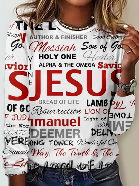 

Women's Jesus Christian Letter Print Casual Shirt, As picture, Long sleeves