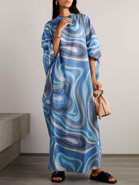 

Loose Vacation Crew Neck Random Print Dress, Blue, Maxi Dresses