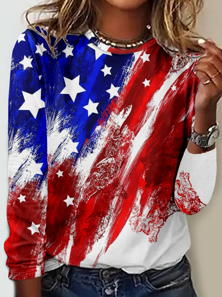

Women's USA Flag Print Casual Crew Neck Shirt, As picture, Long sleeves