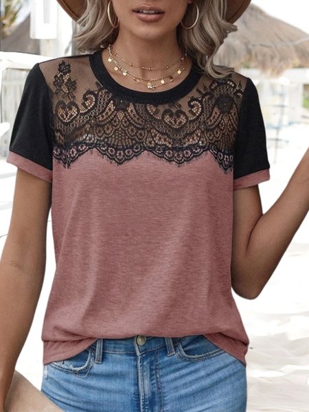 

Lace Loose Vacation Crew Neck T-Shirt, Dark pink, T-Shirts